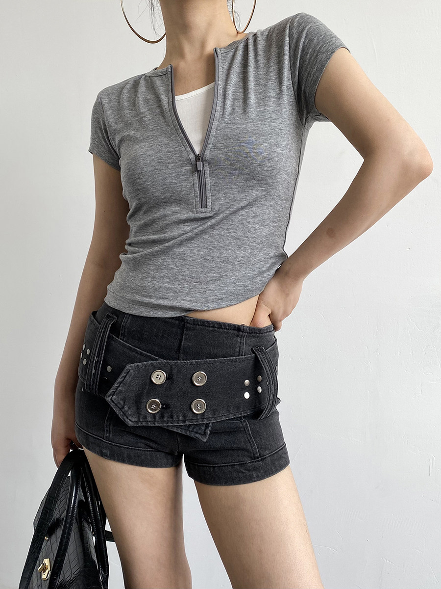 Zip Half Placket Slim Cropped Polo Short Sleeve Tee For Women