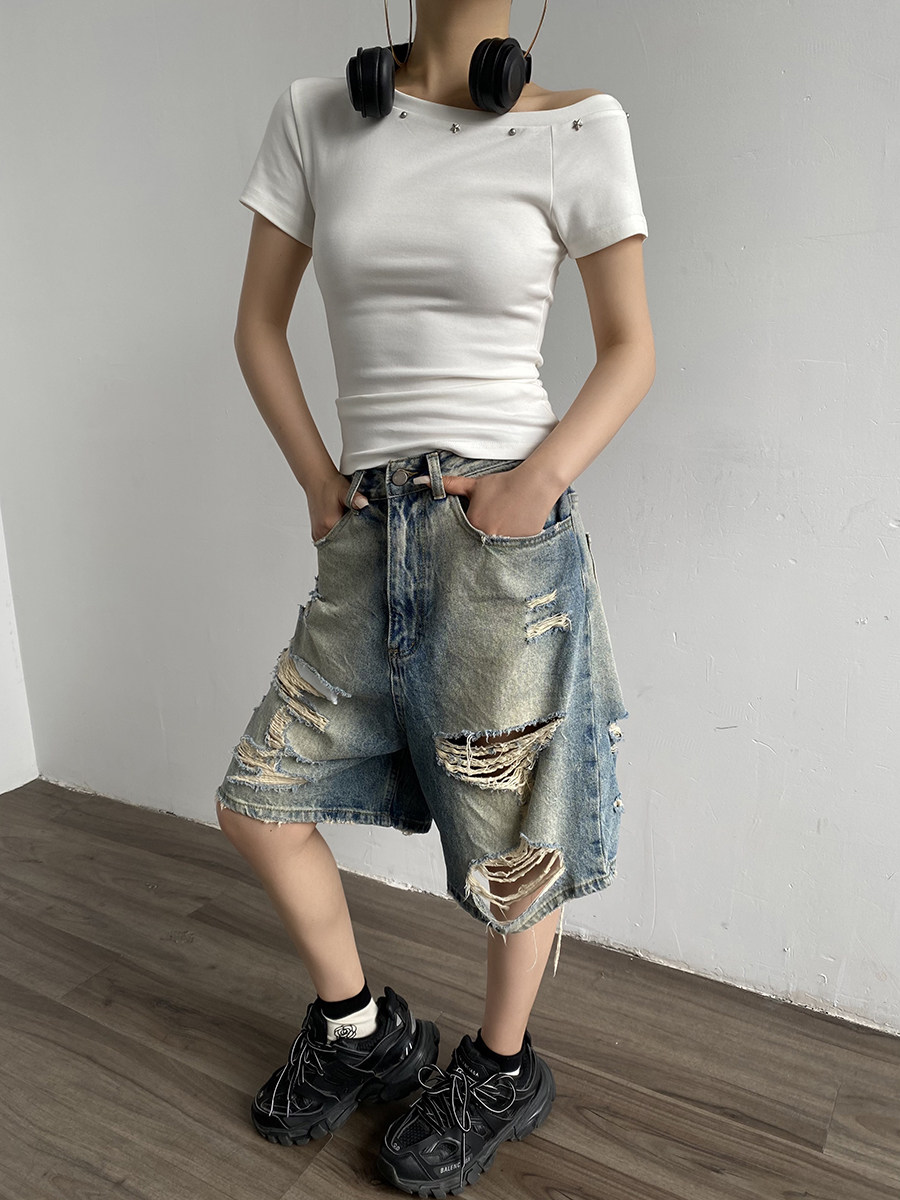 Asymmetrical Off Shoulder Slim Short Sleeve Tee With Rivet Detail For Women