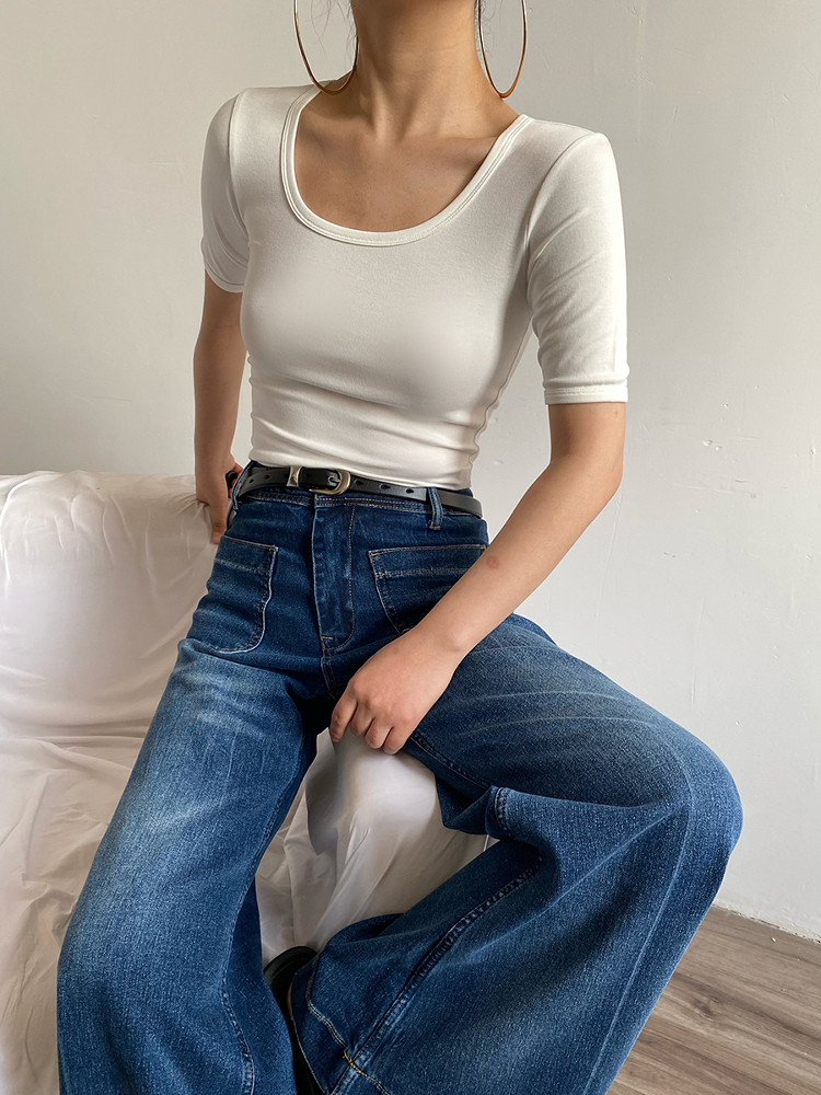 U Neck Slim Cropped Elbow Sleeve Solid Knit Tee For Women