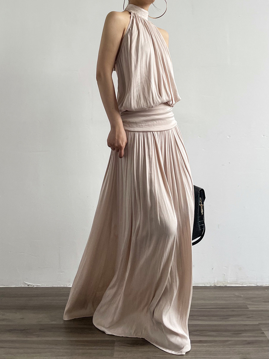 Mock Neck Halter Pleated Maxi Dress For Women