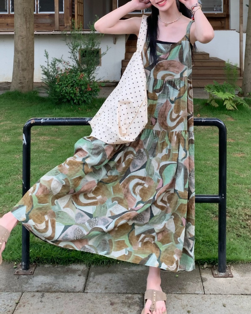 Vintage Linen Waist Slim Cami Vacation Dress