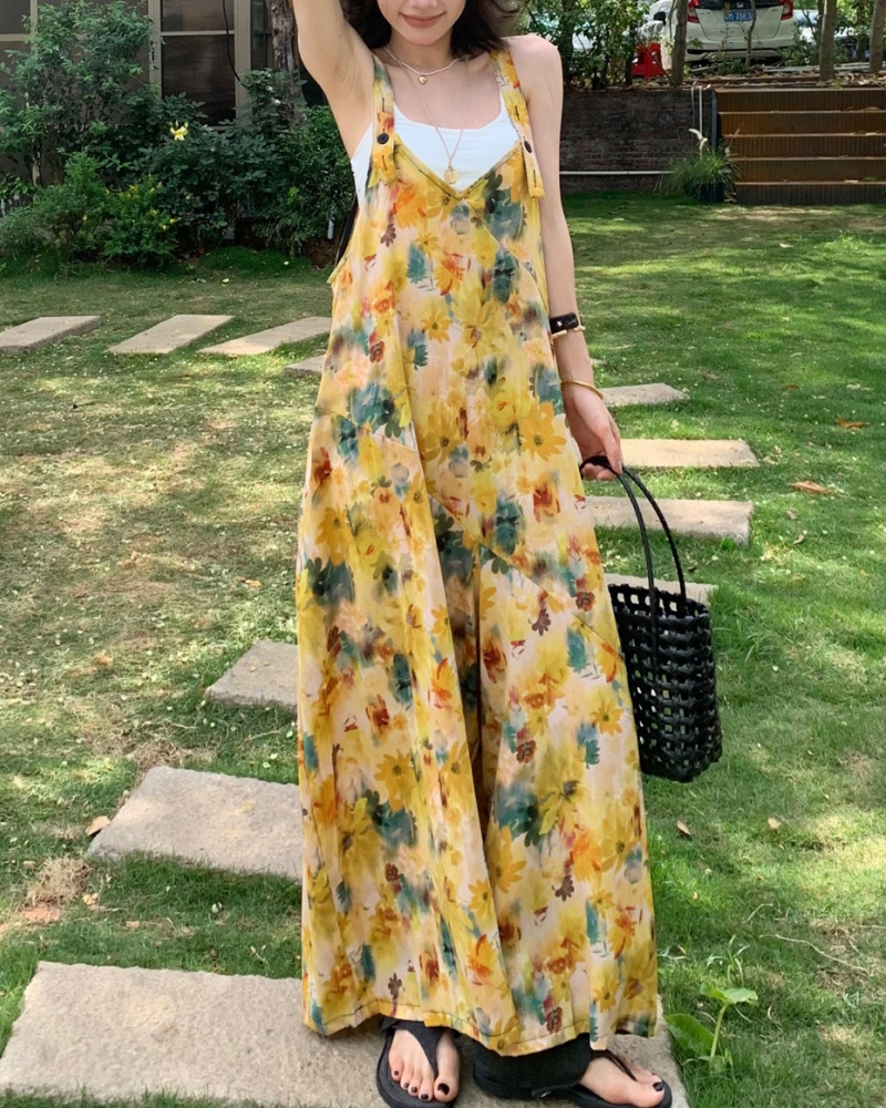 Vintage Oil Painting Printed V-neck Jumpsuit