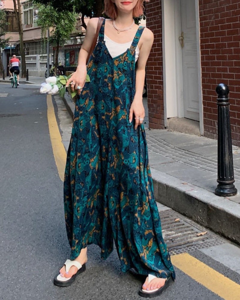 Lazy Style Blue Bell Flower V-neck Cami Wide Leg Jumpsuit