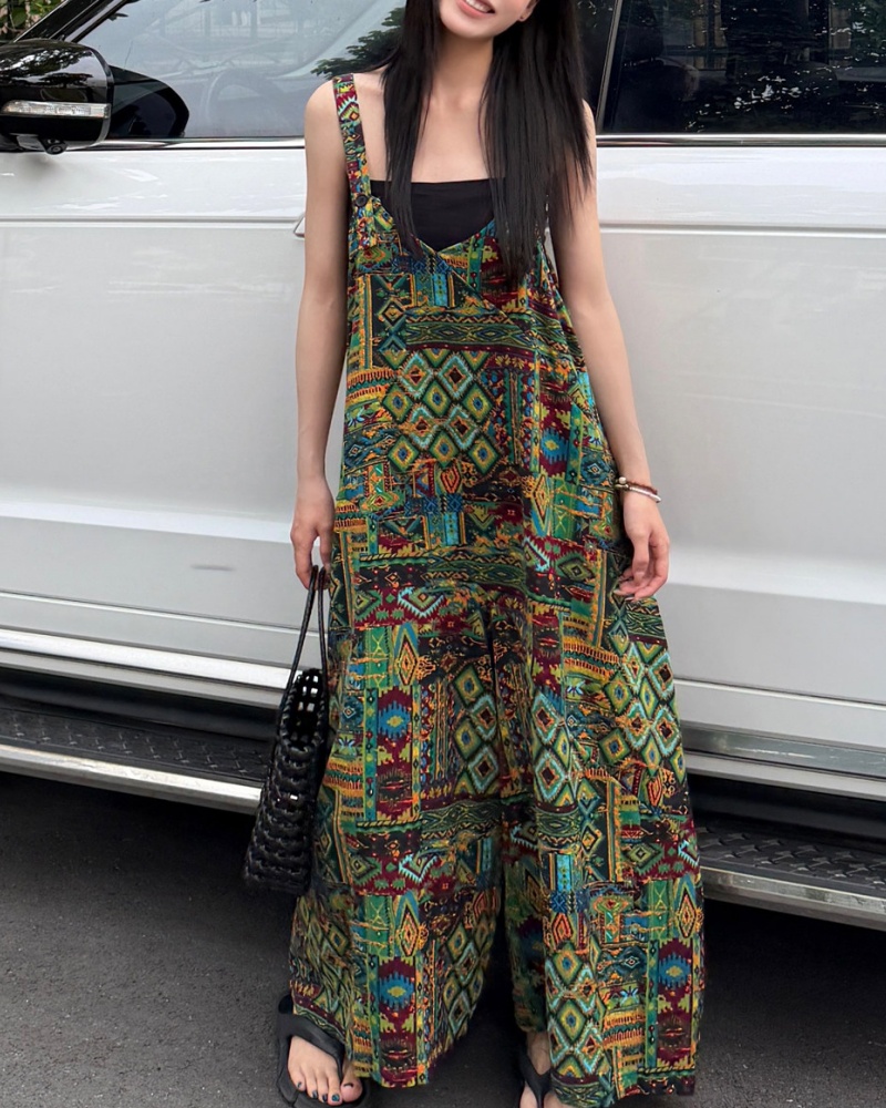 Retro Ethnic Style Green Tone Cami Wide Leg Jumpsuit