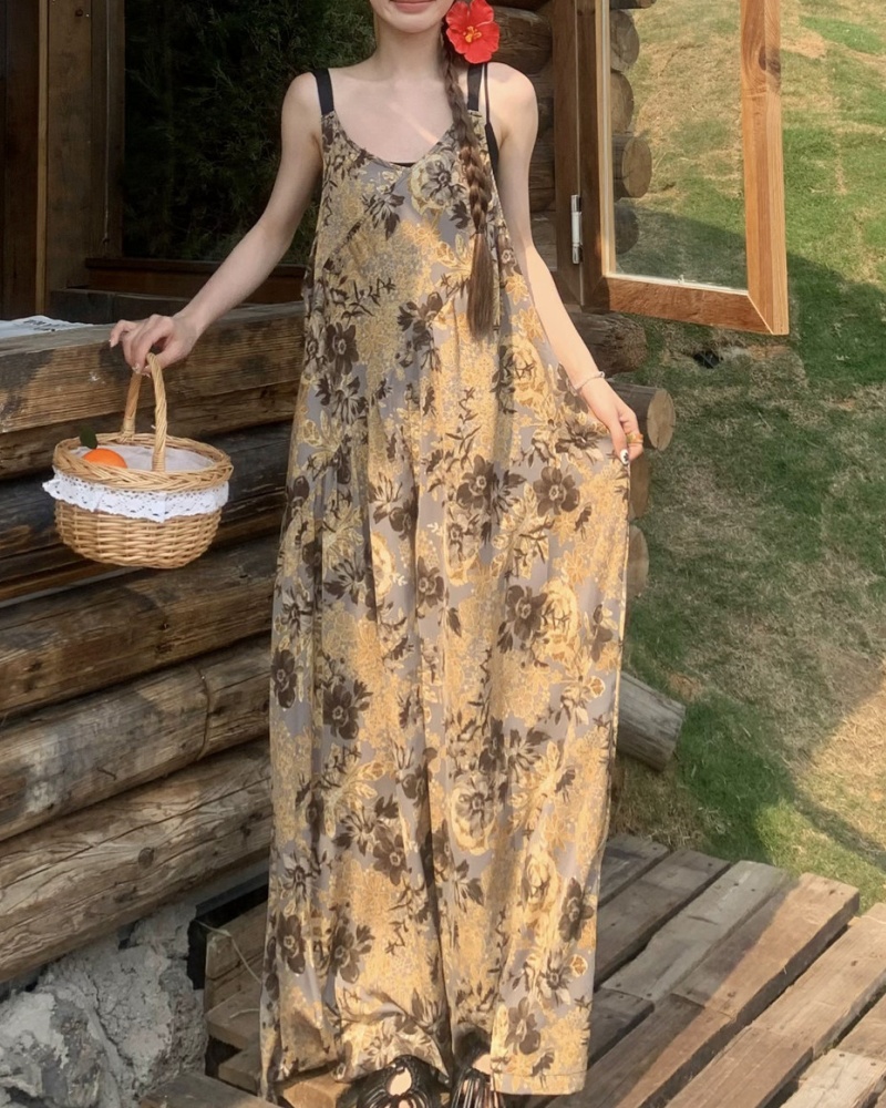 Retro Nomadic Style V-neck Lazy Cami Wide Leg Jumpsuit