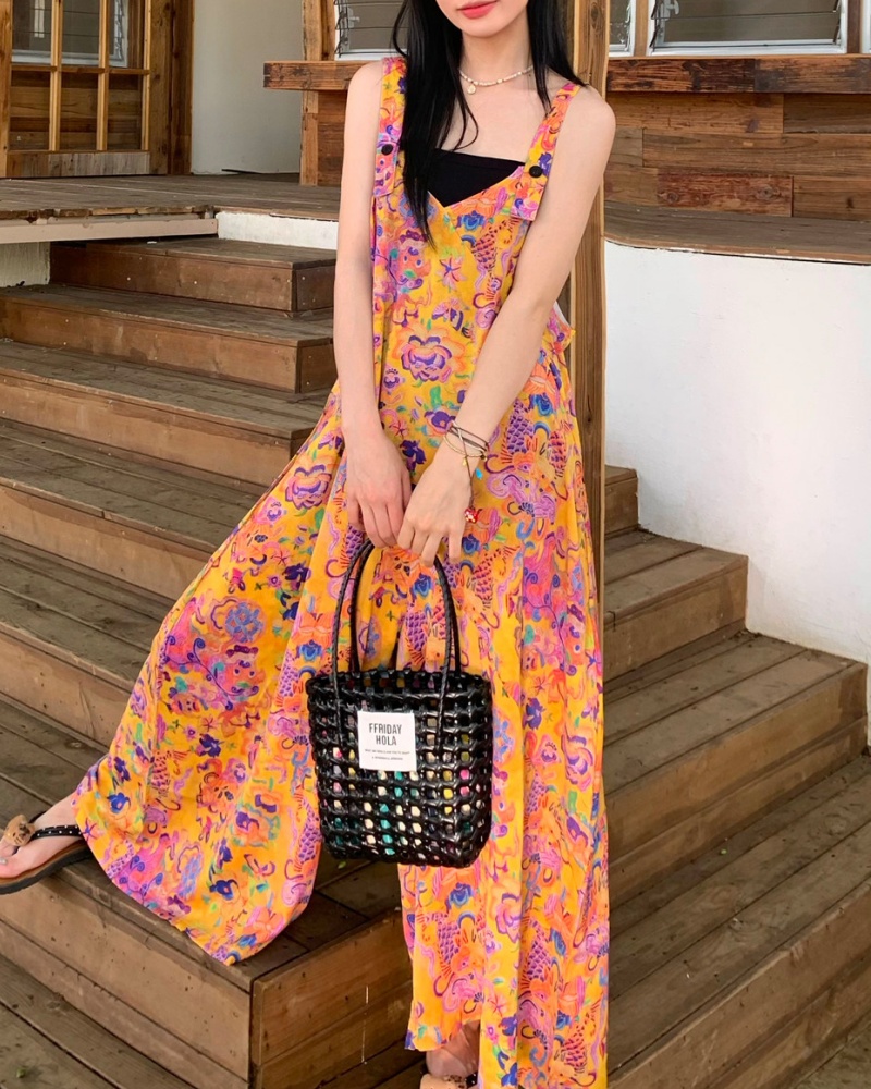 Art Oil Painting V-neck Cami Wide Leg Jumpsuit
