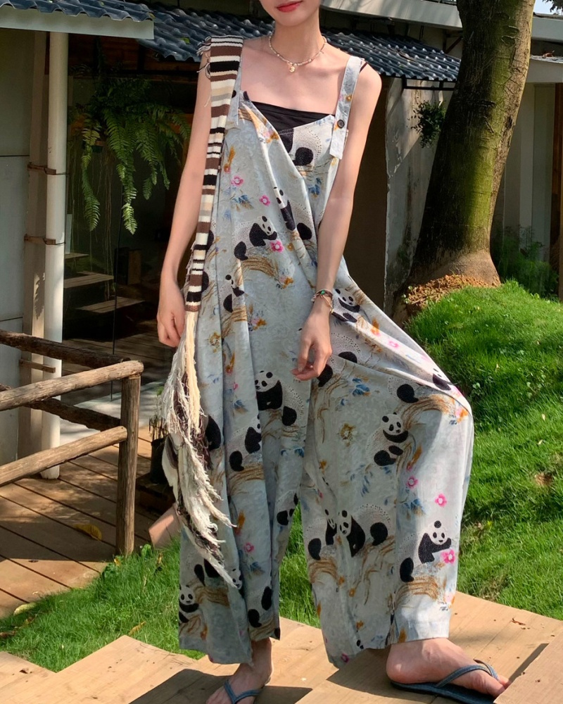 Lazy Style Retro Blue-gray Panda Printed Cami Wide Leg Jumpsuit
