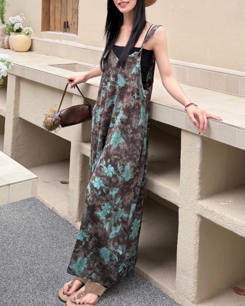 Original Retro Gradient Blue-Green Floral Cami Wide Leg Jumpsuit