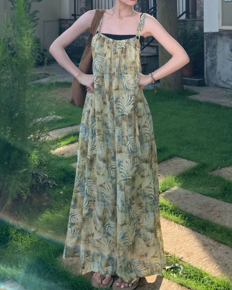 Literary Retro Moss Green Gradient Leaf Printed Cami Wide Leg Jumpsuit