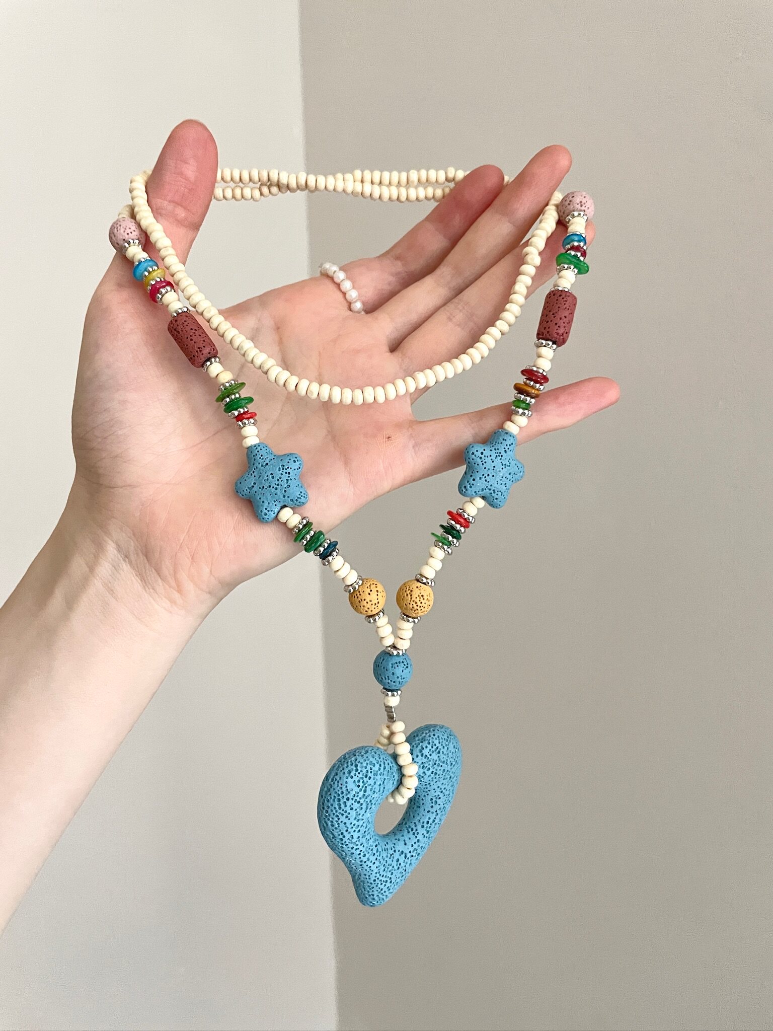 Vintage Dopamine Volcanic Stone Blue Heart Necklace