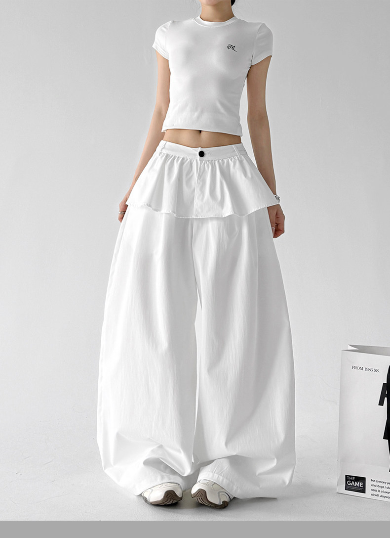 White Ruffle Fake Two-Piece Loose Wide Leg Skirt Pants