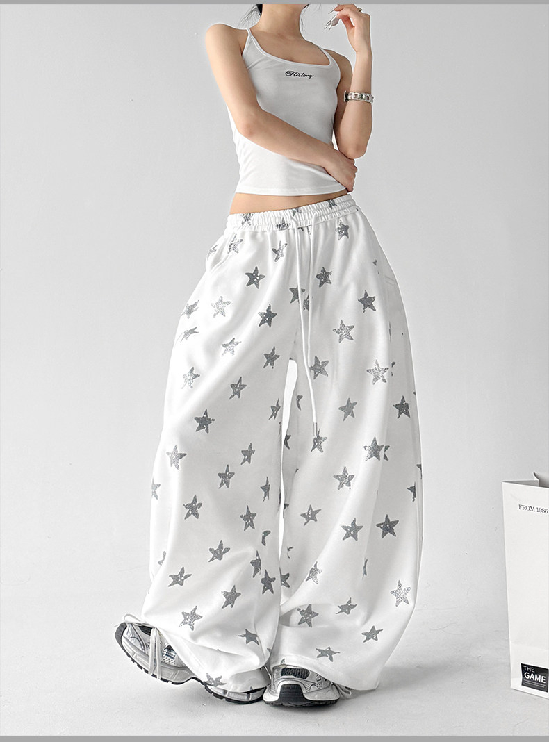 White Star Print Loose High Waist Wide Leg Sports Pants