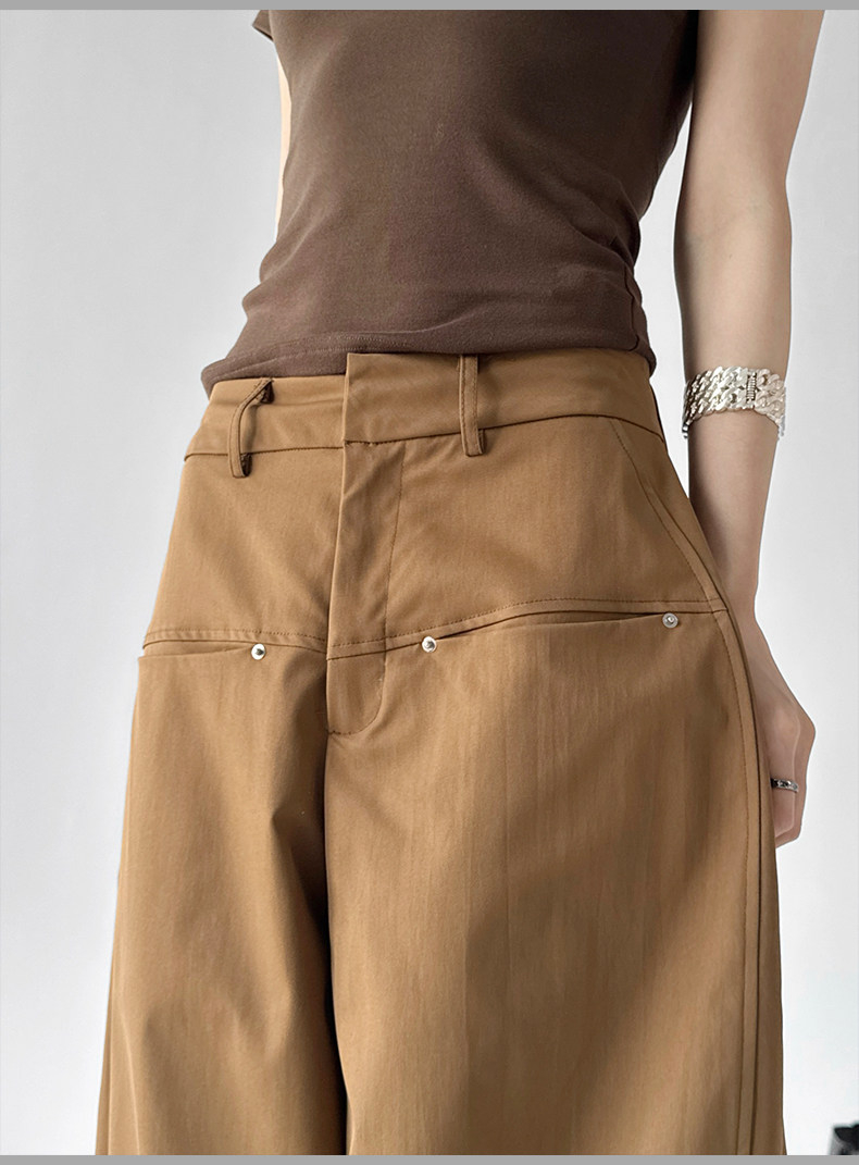 Caramel High Waist Loose Floor-Length Curved Cargo Wide Leg Pants