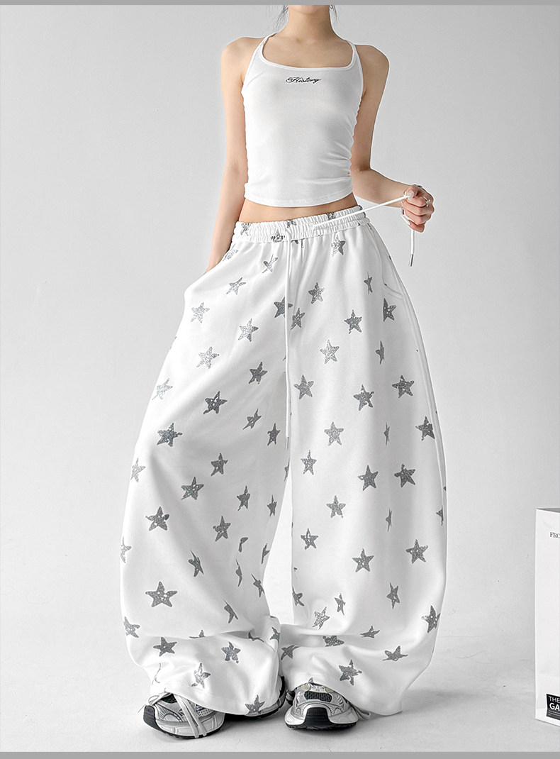 White Star Print Loose High Waist Wide Leg Sports Pants
