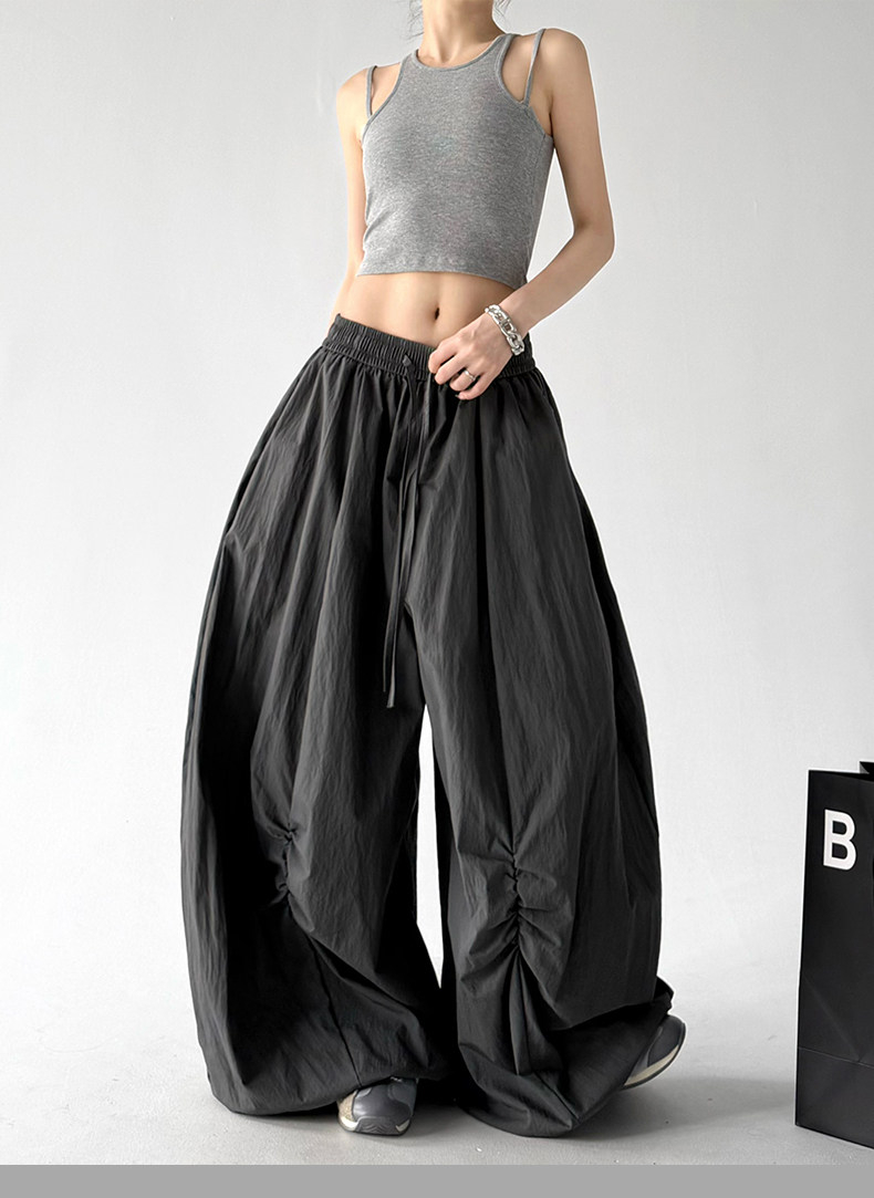 Gray Loose Parachute Cargo Wide Leg Trousers