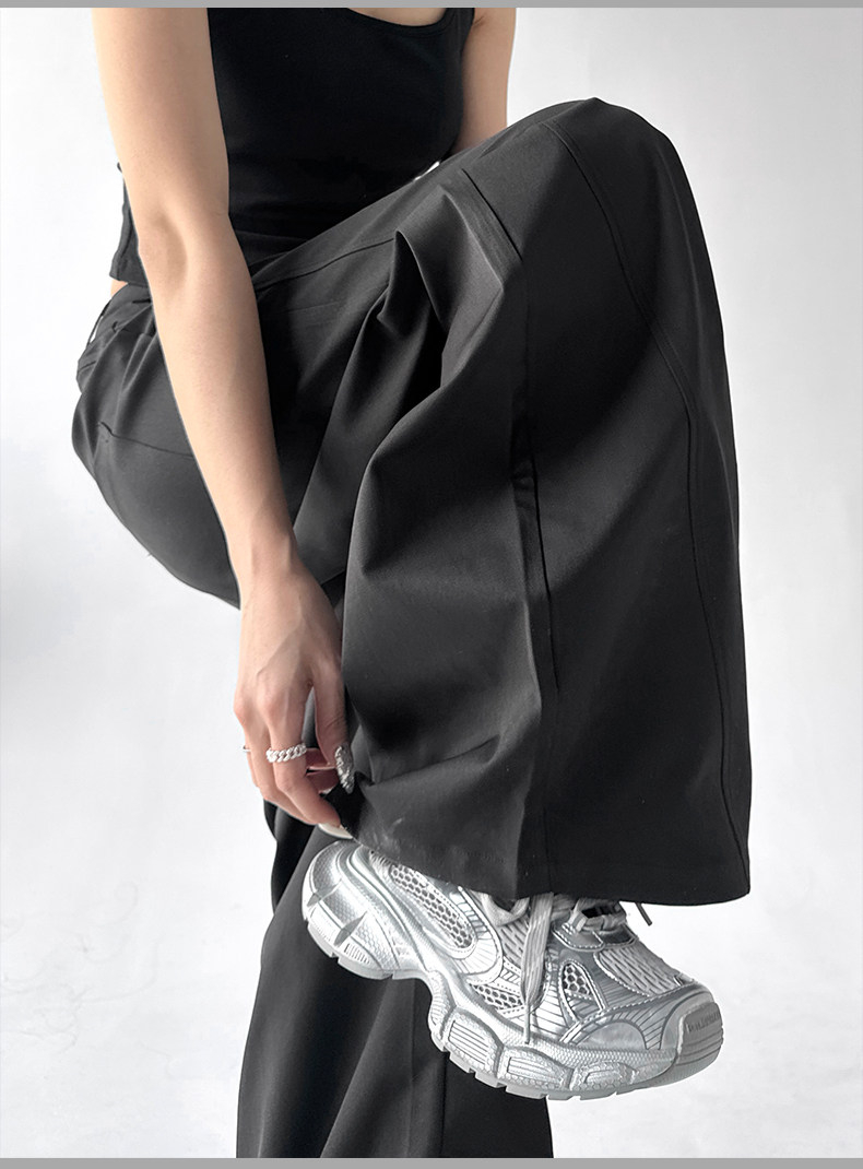 Black High Waist Casual Loose Straight Curved Wide Leg Long Pants