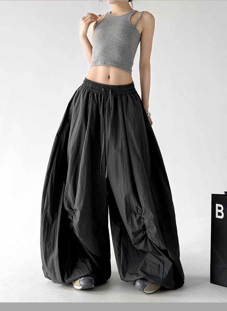 Gray Loose Parachute Cargo Wide Leg Trousers
