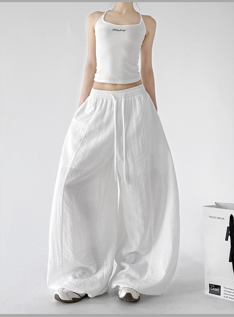 Lazy High Waist Linen Wide Leg Pants, White Drape Trousers