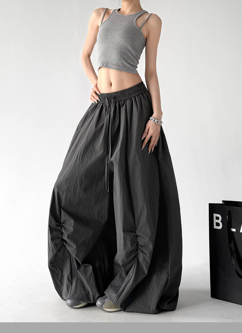 Gray Loose Parachute Cargo Wide Leg Trousers