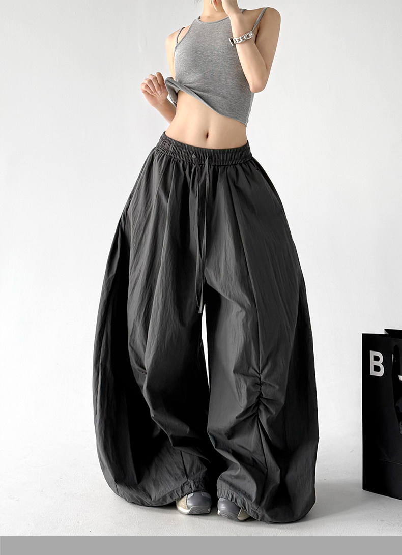 Gray Loose Parachute Cargo Wide Leg Trousers