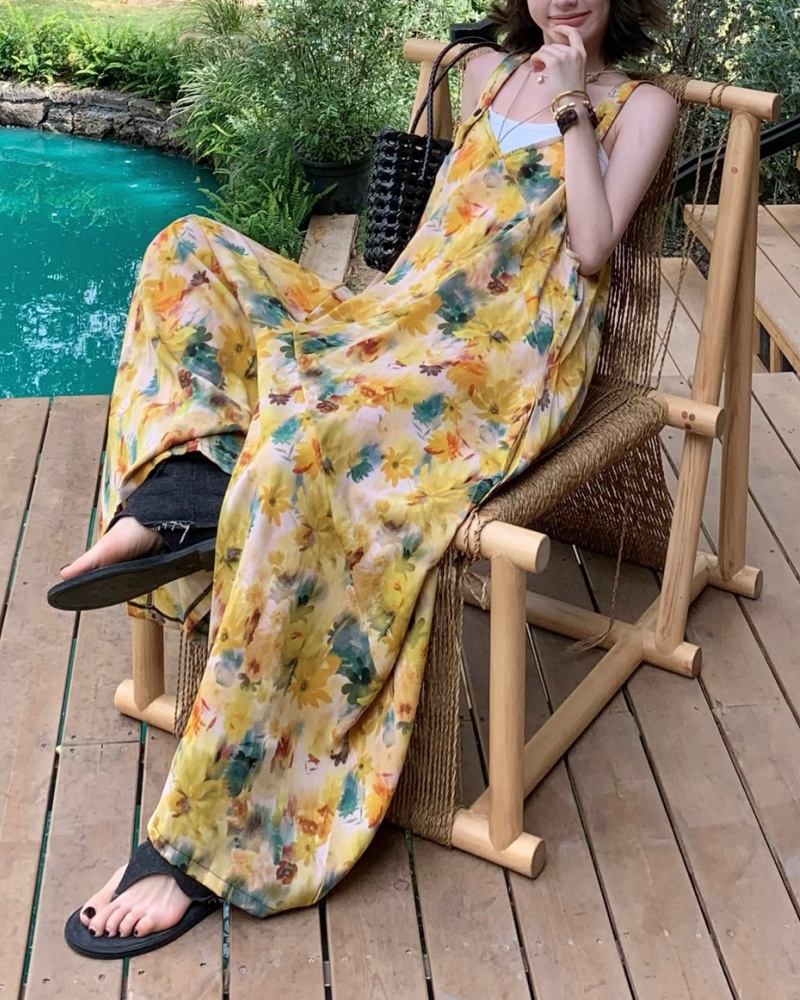 Vintage Oil Painting Printed V-neck Jumpsuit