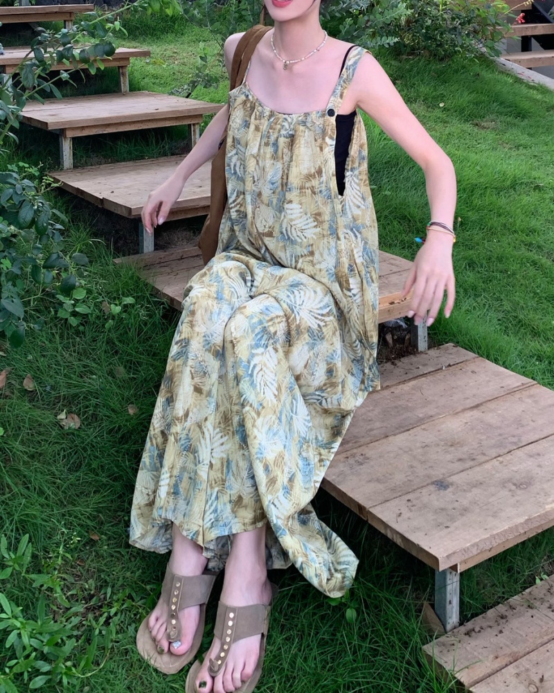 Literary Retro Moss Green Gradient Leaf Printed Cami Wide Leg Jumpsuit