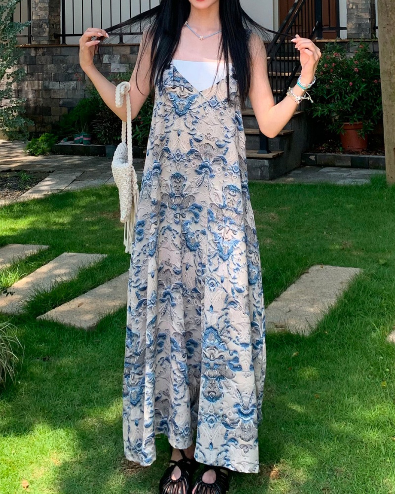 Lazy Style Blue and White Porcelain Cami Wide Leg Jumpsuit