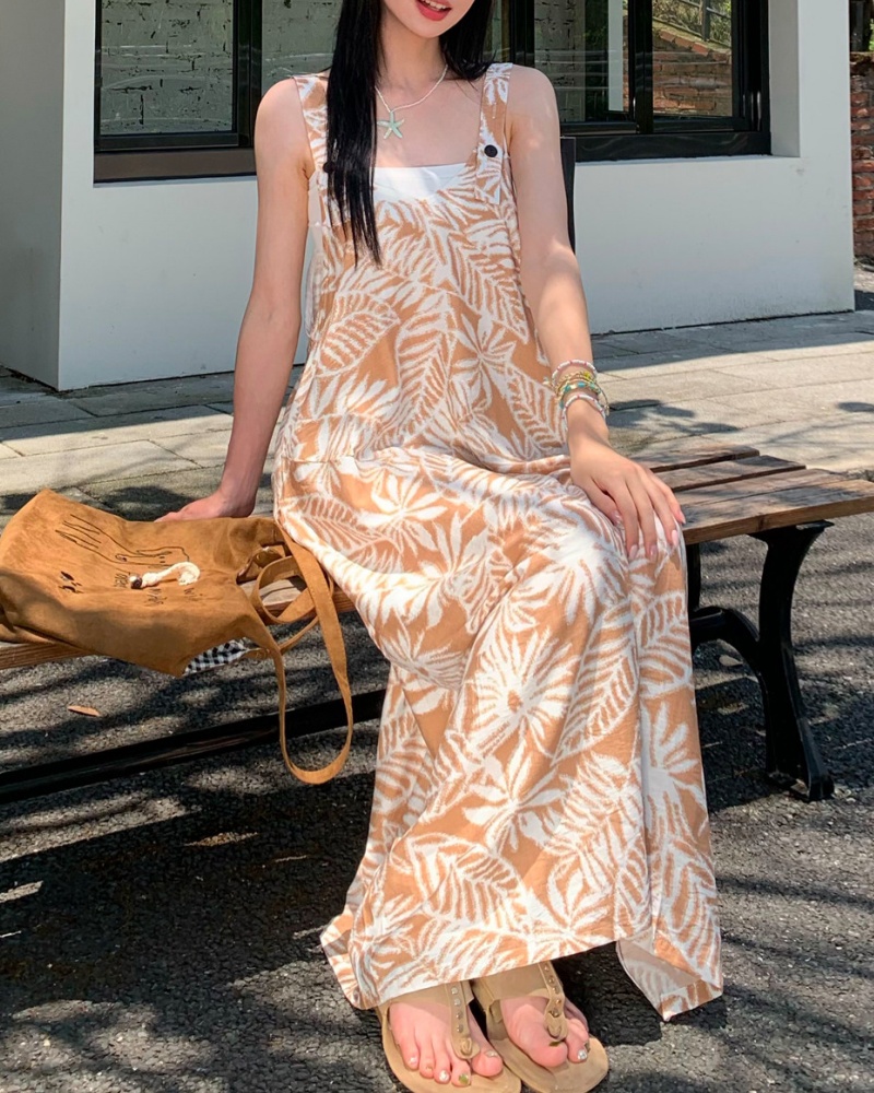 Vacation Style Off-white Leaf Printed Cami Wide Leg Jumpsuit