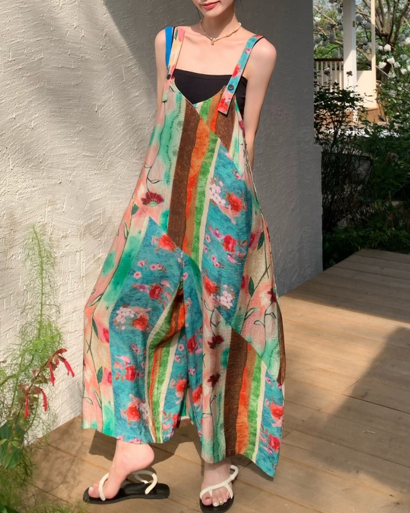 Lotus Moon Retro Color-striped Cami Wide Leg Jumpsuit