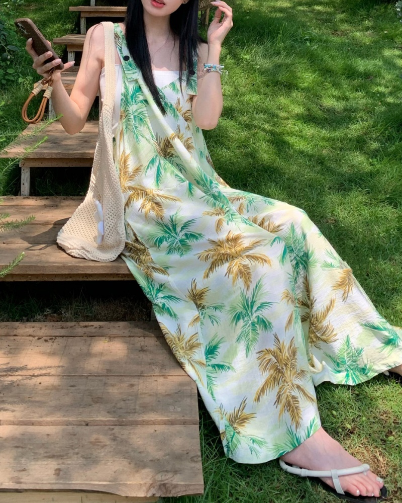Island Vacation Style Coconut Grove Printed V-neck Cami Wide Leg Jumpsuit