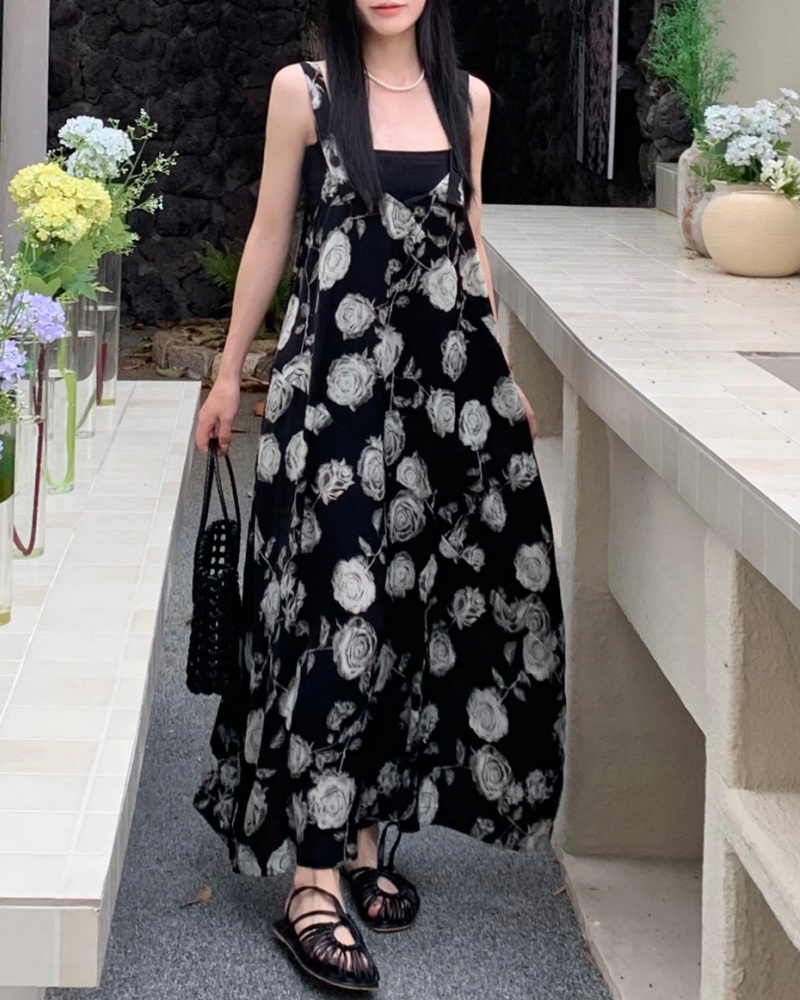 Artistic Lazy Style White Rose Printed Cami Wide Leg Jumpsuit