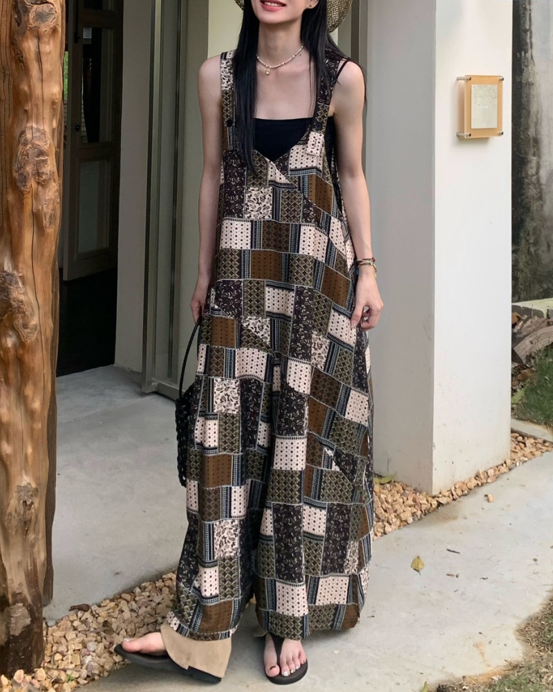 Retro Color-blocked Plaid Cami Wide Leg Jumpsuit