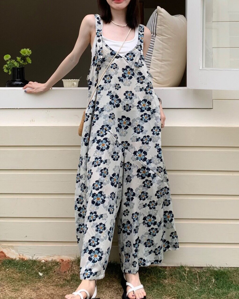 Retro Small Floral Printed Cami Wide Leg Jumpsuit