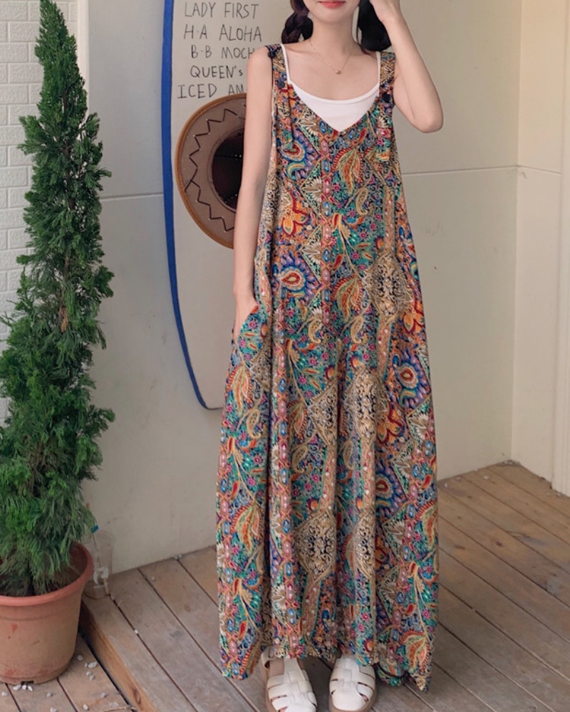 Ethnic Style Colorful Printed Seven-point Cami Wide Leg Jumpsuit