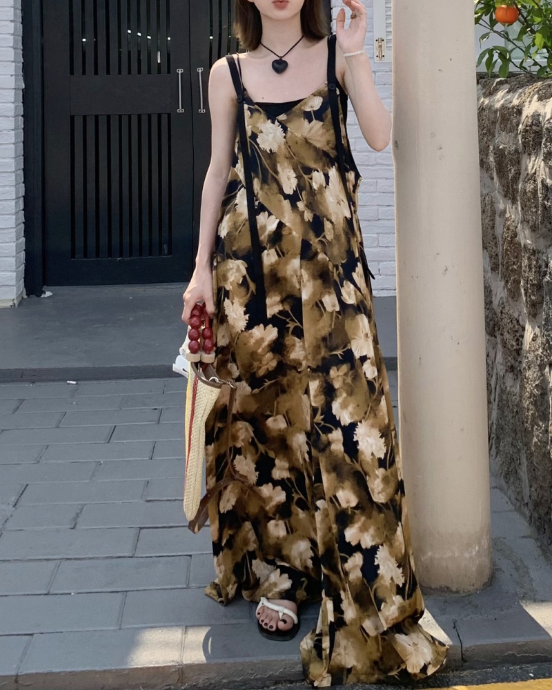 Retro Oil Painting Yellow Gradient V-neck Cami Jumpsuit Skirt Pants