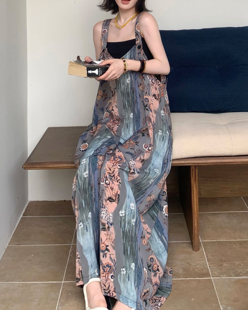 Retro Art Blue & Pink Tone V-neck Cami Wide Leg Jumpsuit