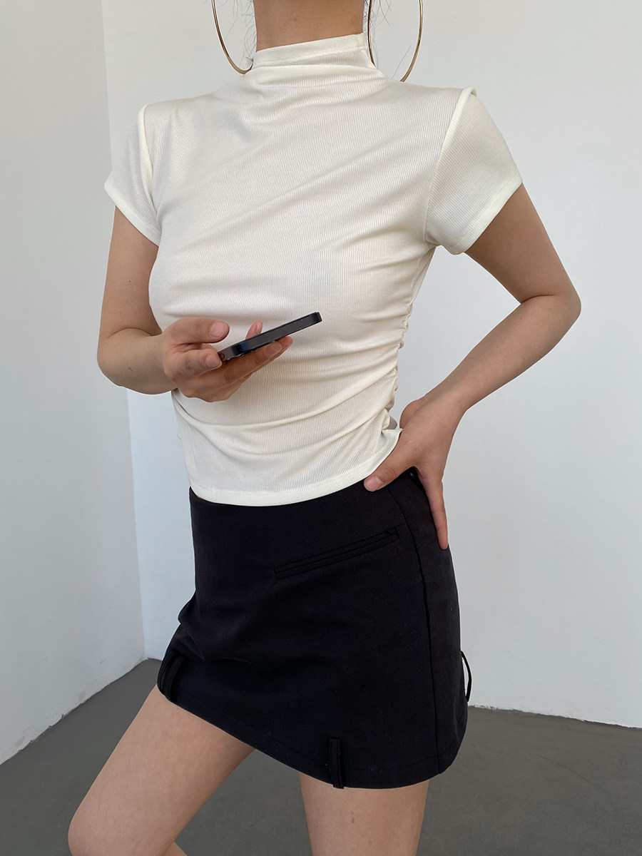 Slim Fit Mock Neck Flutter Short Sleeve Solid Basic Tee Summer Casual Women Blouse