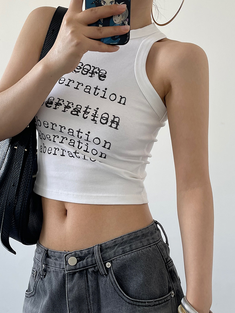 Vintage Letter Slim Crop Cami Top For Women