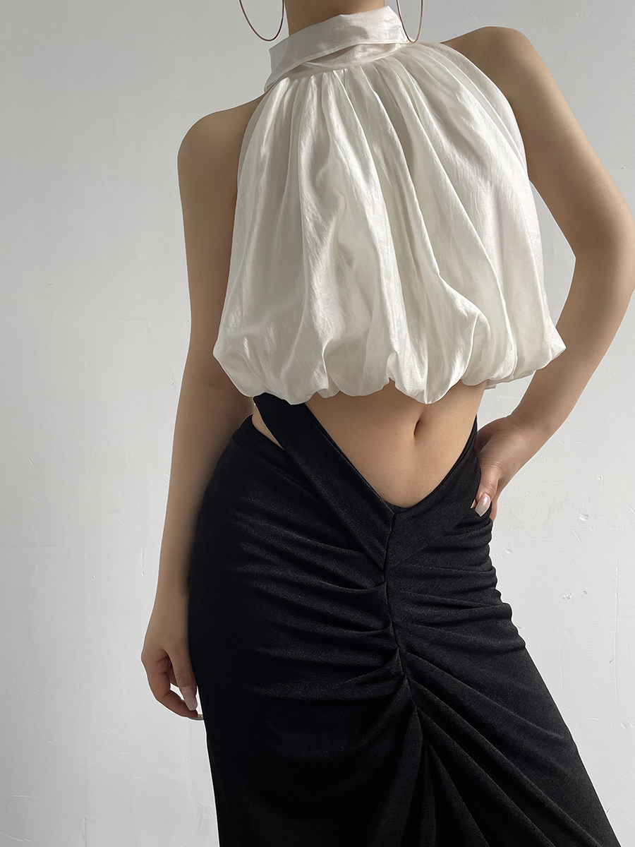 Tie Detail Mock Neck Sleeveless Lyocell Crop Top
