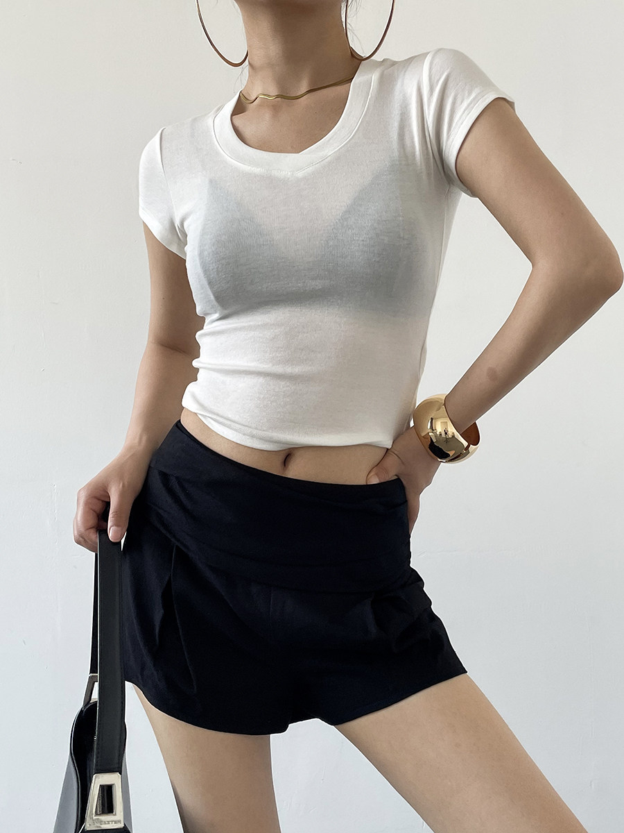 Slim V Neck Cropped Knit Short Sleeve Tee For Women