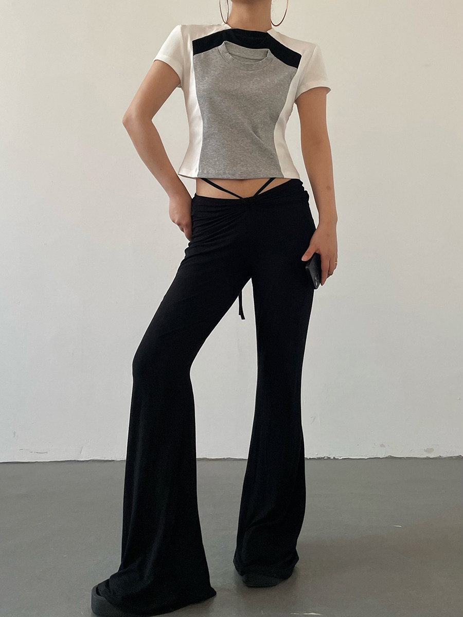 Color Block Crew Neck Cropped Short Sleeve Tee For Women