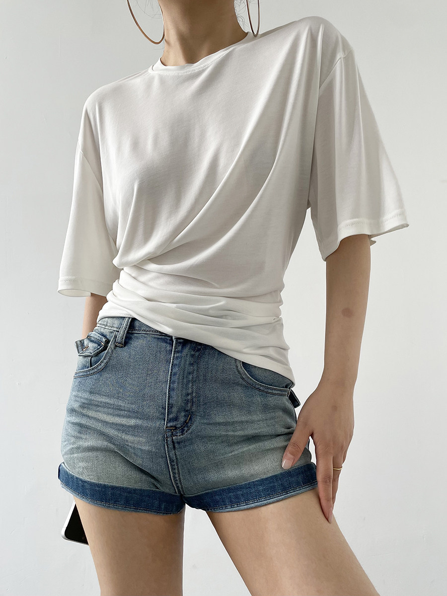 Loose Ruched Crew Neck Short Sleeve Solid Tee For Women