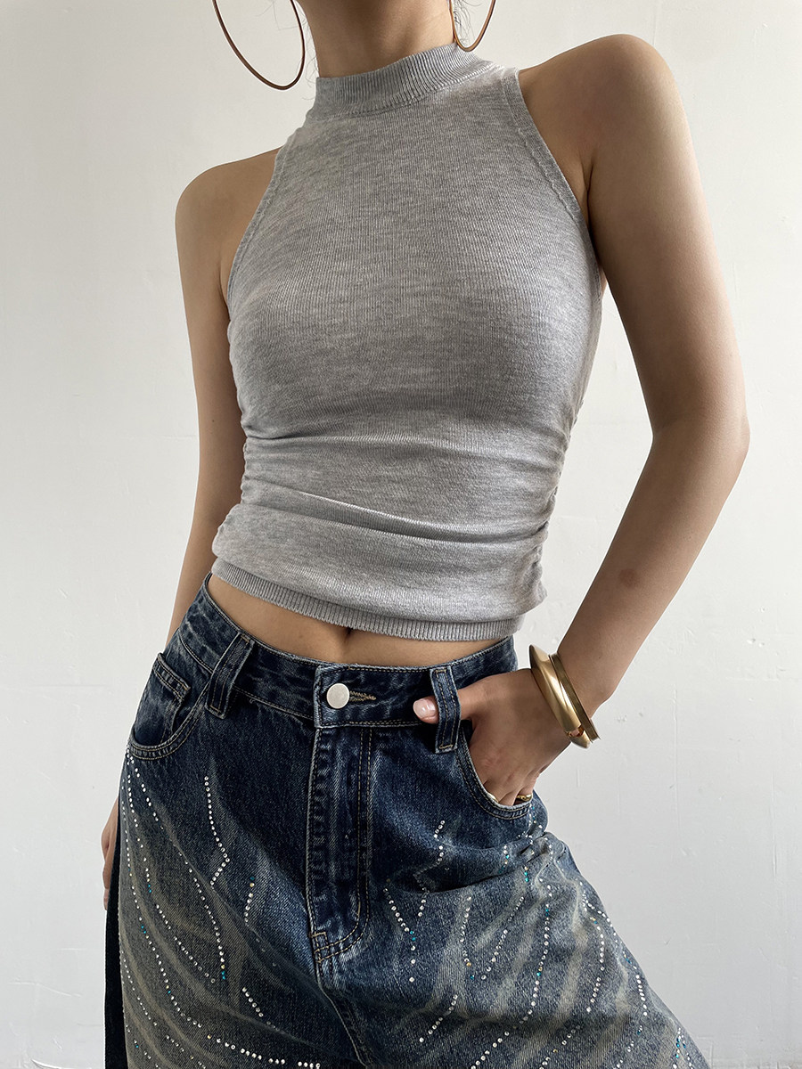 Mock Neck Twisted Back High Stretch Slim Knit Cami Top For Women