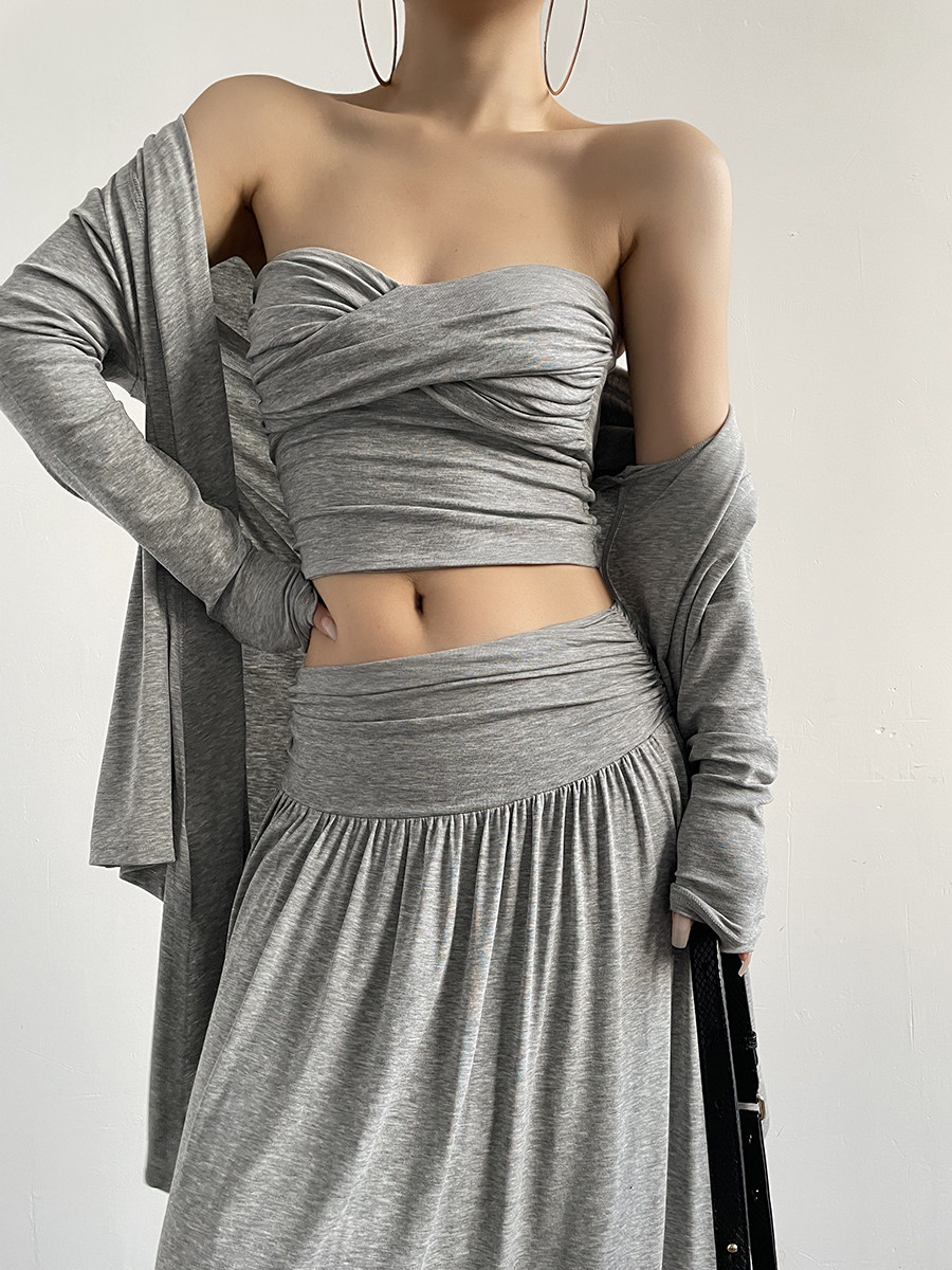 Ruched Slim Bandeau Crop Top With Built-in Bra For Women