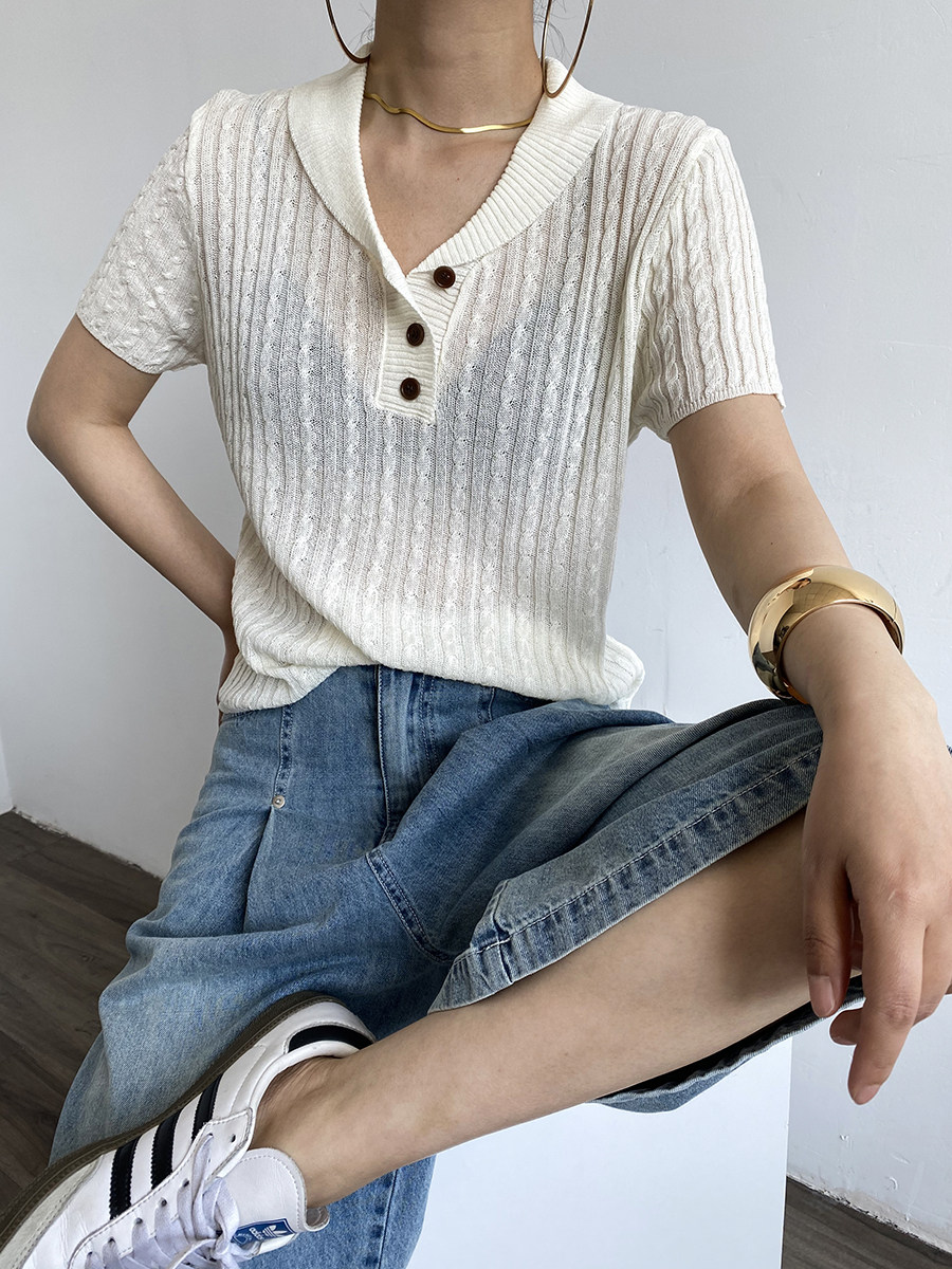 Turn Down Collar Knit Short Sleeve Crop Tee For Women
