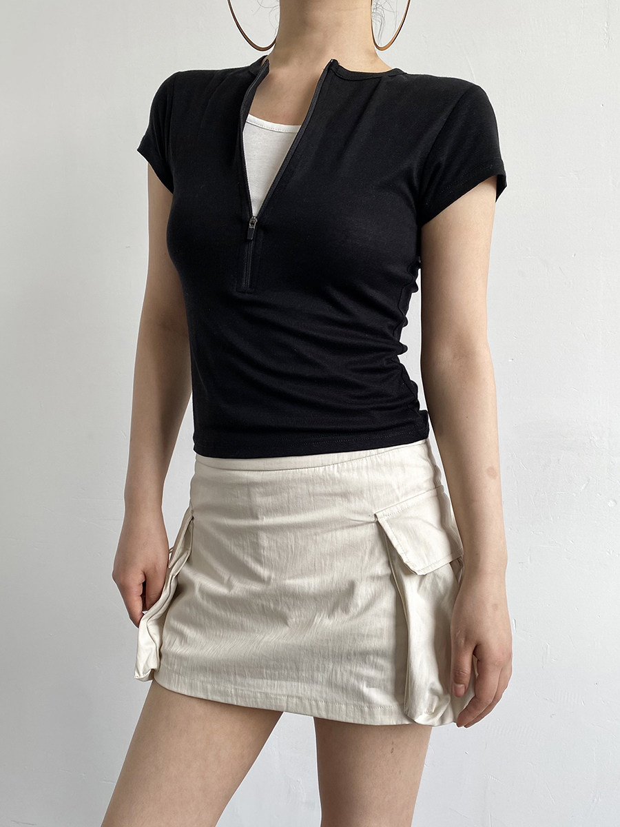Zip Half Placket Slim Cropped Polo Short Sleeve Tee For Women