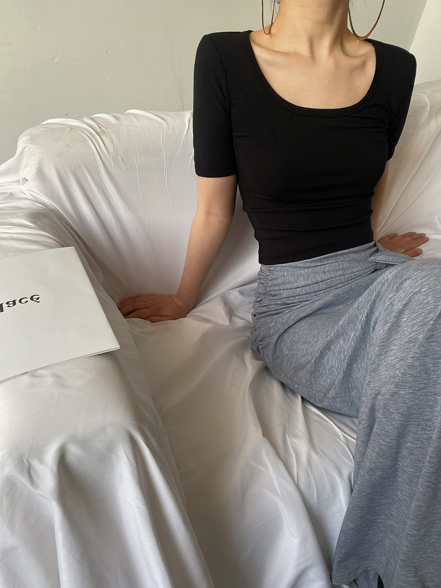 U Neck Slim Cropped Elbow Sleeve Solid Knit Tee For Women