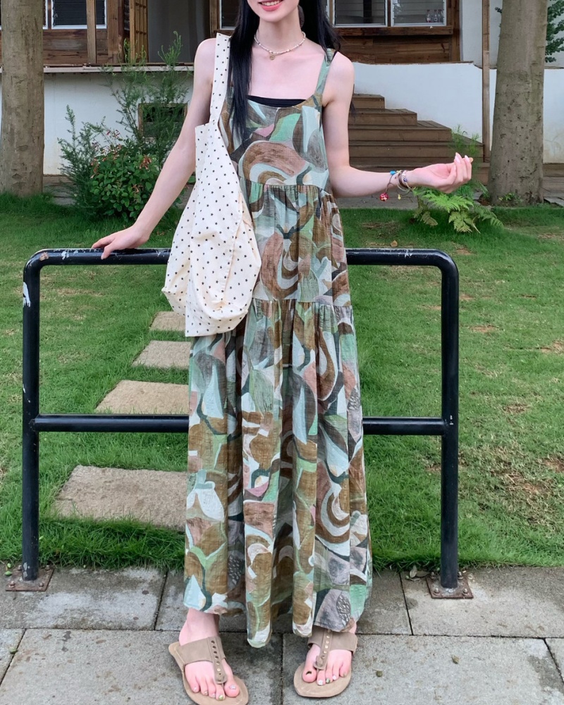 Vintage Linen Waist Slim Cami Vacation Dress