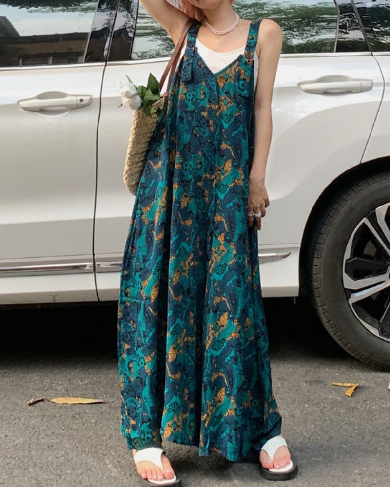 Lazy Style Blue Bell Flower V-neck Cami Wide Leg Jumpsuit