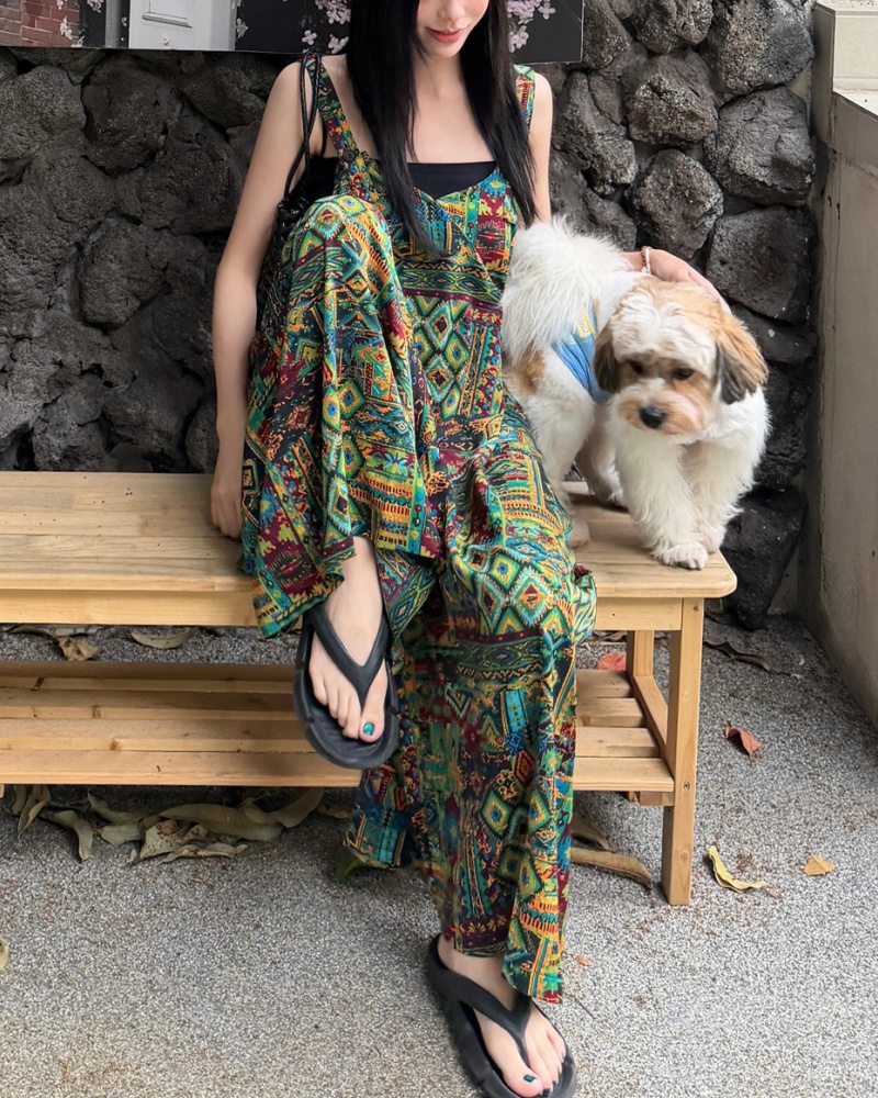 Retro Ethnic Style Green Tone Cami Wide Leg Jumpsuit